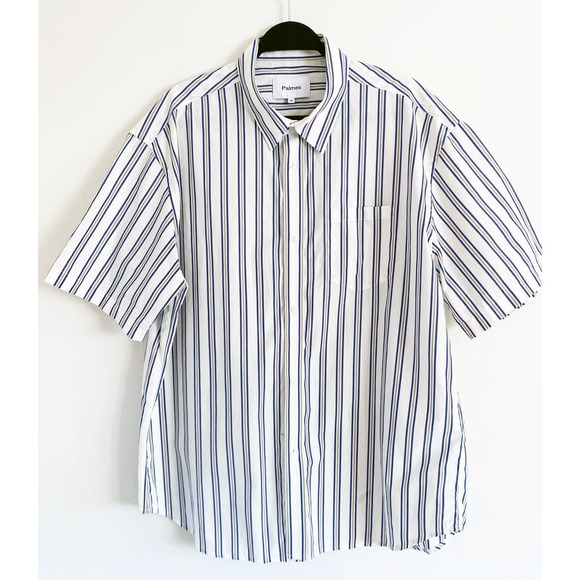 Palmes Men's Short Sleeve Striped Button Down Camp Shirt Blue White Tan Pocket - Picture 3 of 7
